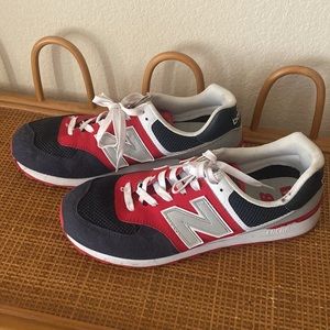 Men’s red white and blue New Balance 574